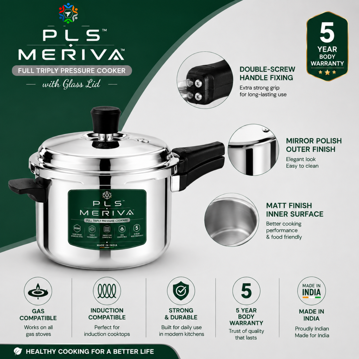 PLS MERIVA Full Triply Pressure Cooker with double-screw handle, mirror polish outer finish, matte inner finish, gas and induction compatibility