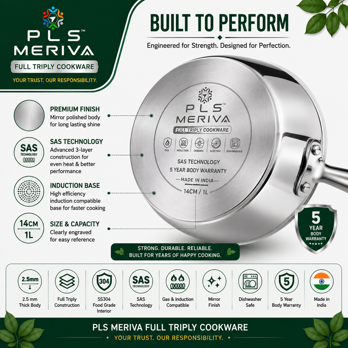Bottom view of PLS MERIVA Full Triply Sauce Pan showing induction-compatible base with premium SAS Technology and full triply construction.