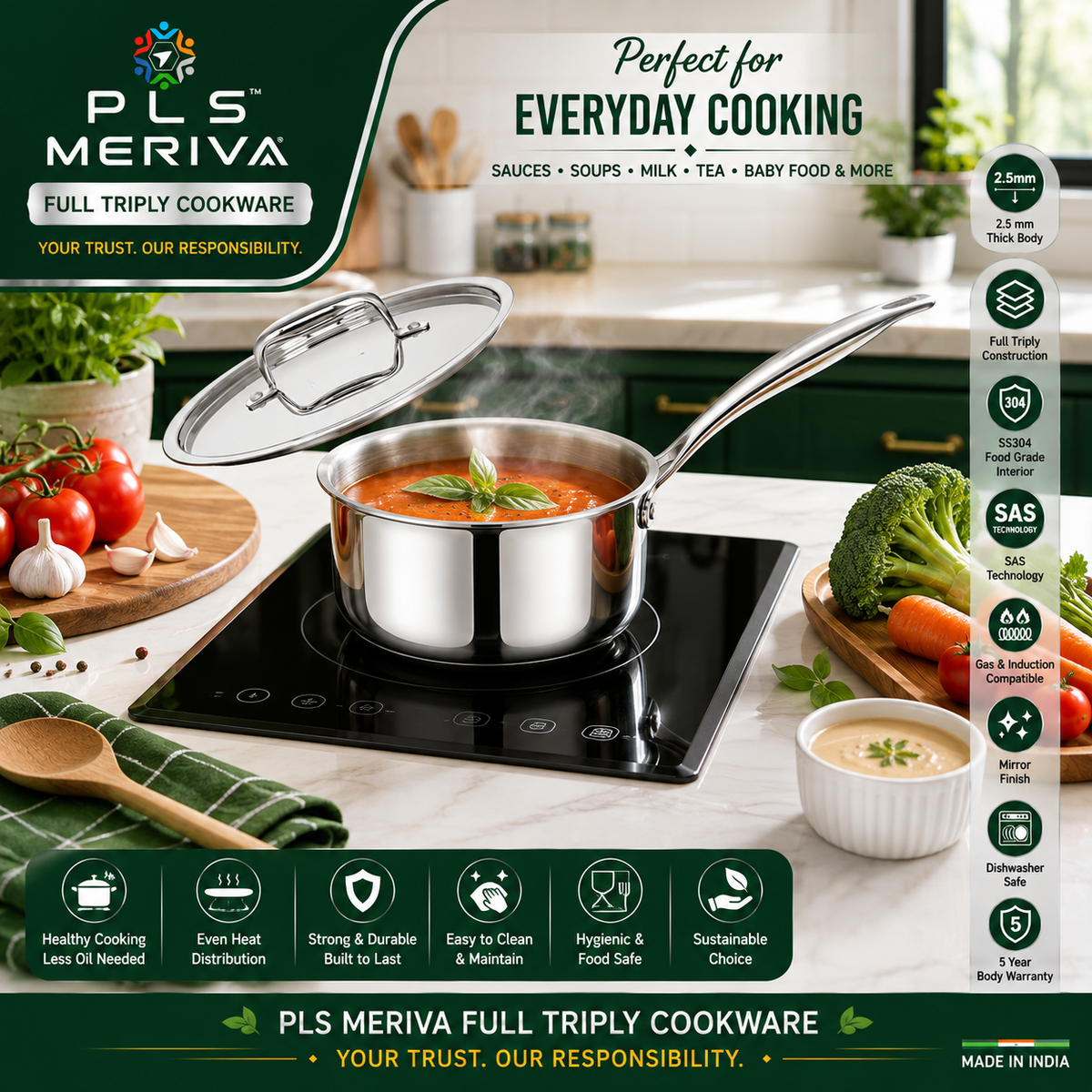 PLS MERIVA Full Triply Sauce Pan used in a modern kitchen for preparing tea, coffee, milk, soups, sauces, and everyday family cooking.
