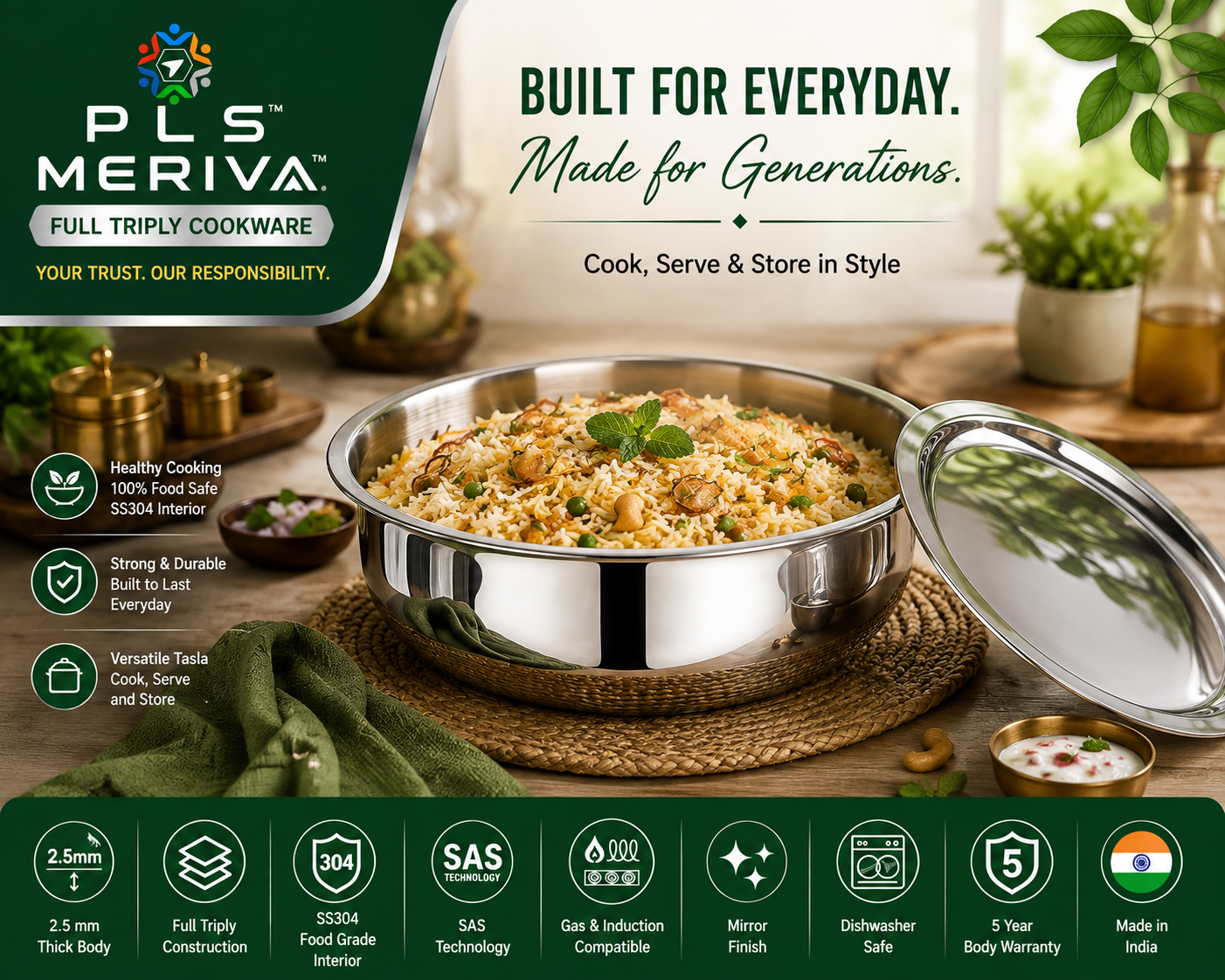 PLS MERIVA Full Triply Tasla used in a modern kitchen for preparing curries, vegetables, stir-fries, and everyday family meals.