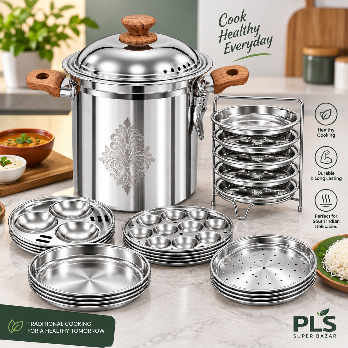6L Multi Annapathiram Stainless Steel Idli Steamer | 15 Plates, 2 Lids & Stand