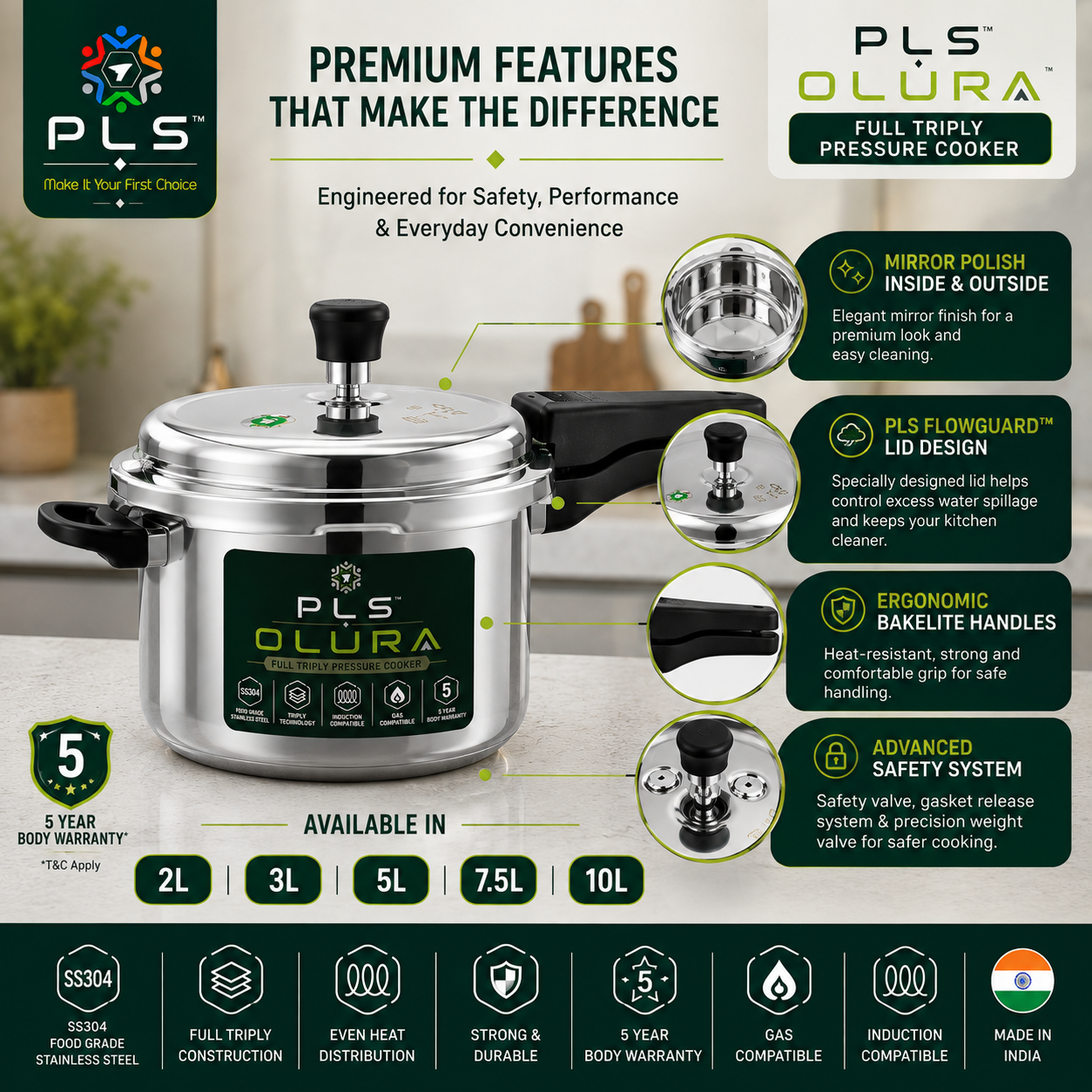 PLS OLURA ISI Certified Full Triply Outer Lid Pressure Cooker – 2L to 10L| Mirror Polish Inside
