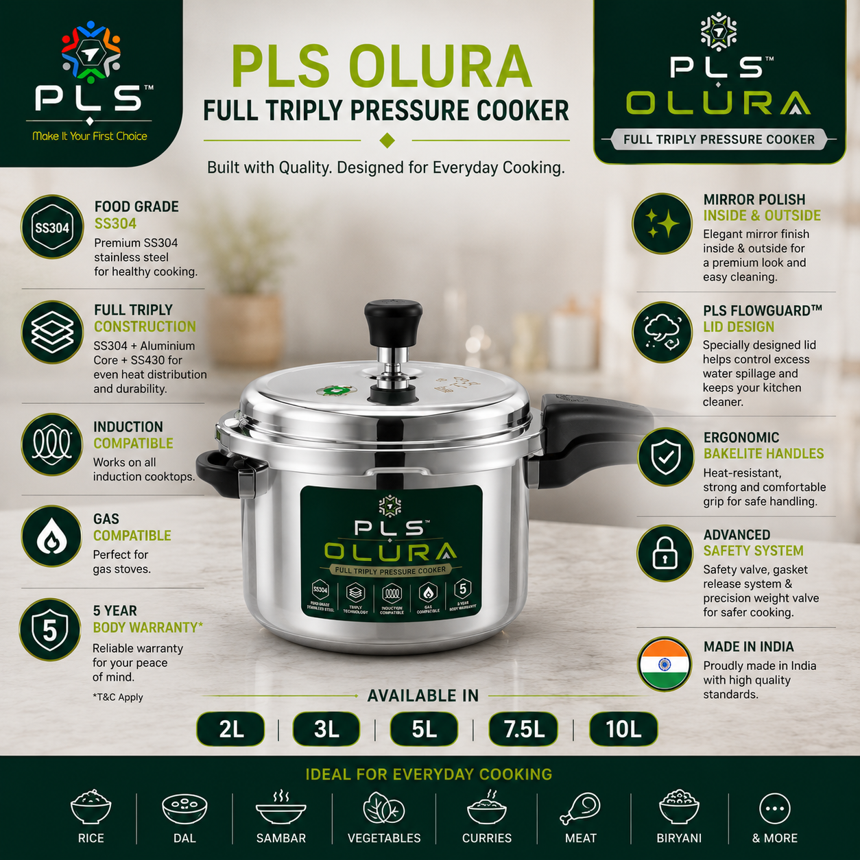 PLS OLURA ISI Certified Full Triply Outer Lid Pressure Cooker – 2L to 10L| Mirror Polish Inside