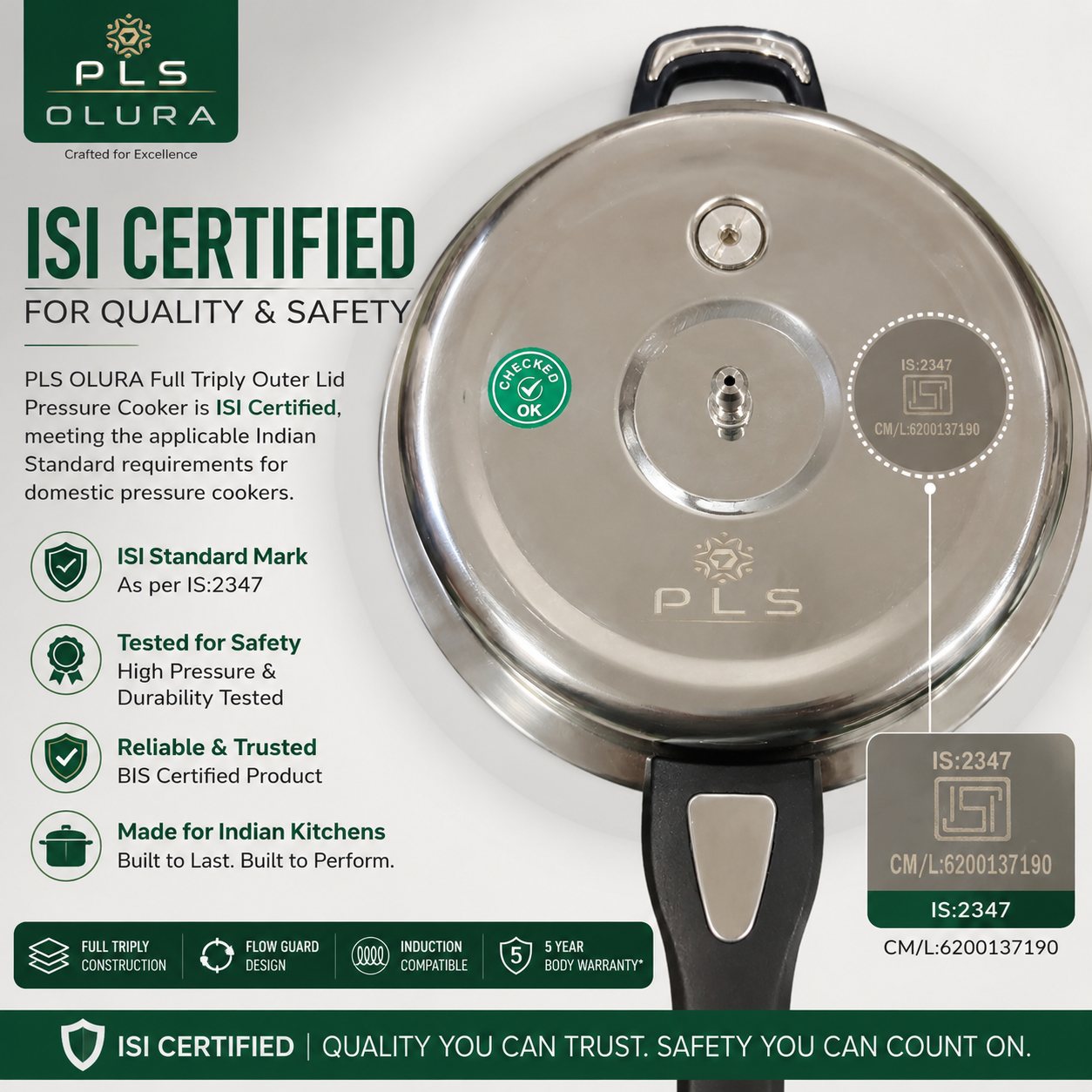 PLS OLURA ISI Certified Full Triply Outer Lid Pressure Cooker Combo – 10L + 3.5L