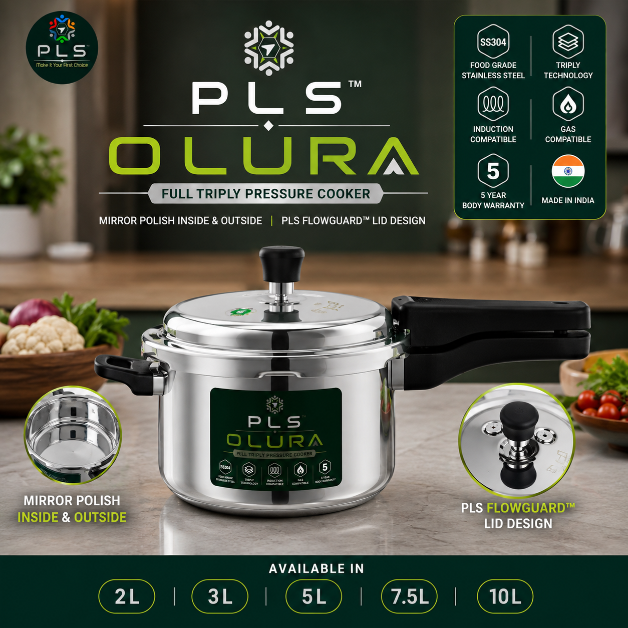 PLS OLURA ISI Certified Full Triply Outer Lid Pressure Cooker – 2L to 10L| Mirror Polish Inside