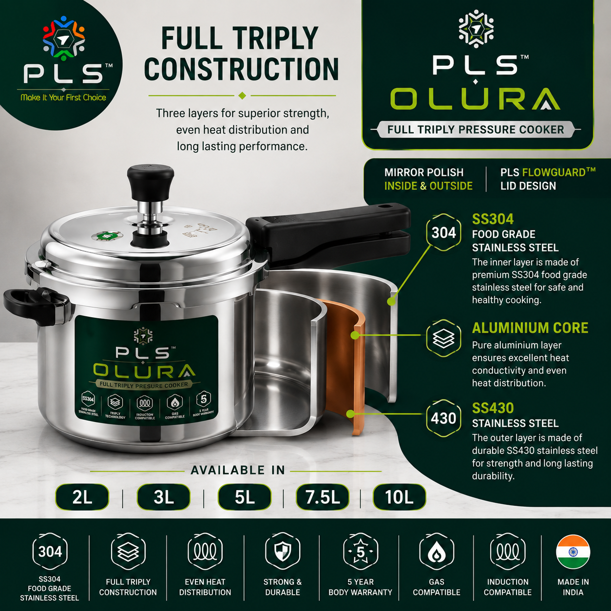 PLS OLURA ISI Certified Full Triply Outer Lid Pressure Cooker – 2L to 10L| Mirror Polish Inside