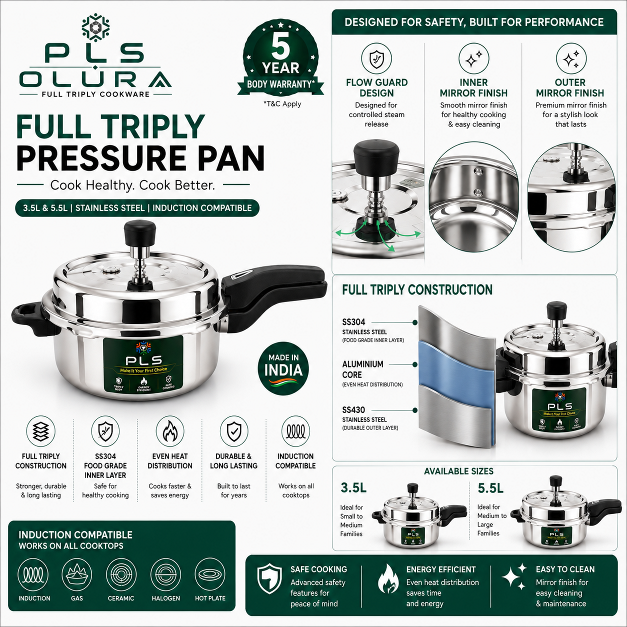 PLS OLURA ISI Certified Full Triply Outer Lid Pressure Pan – 3.5L & 5.5L