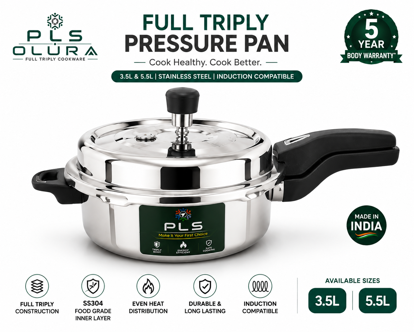 PLS OLURA ISI Certified Full Triply Outer Lid Pressure Pan – 3.5L & 5.5L