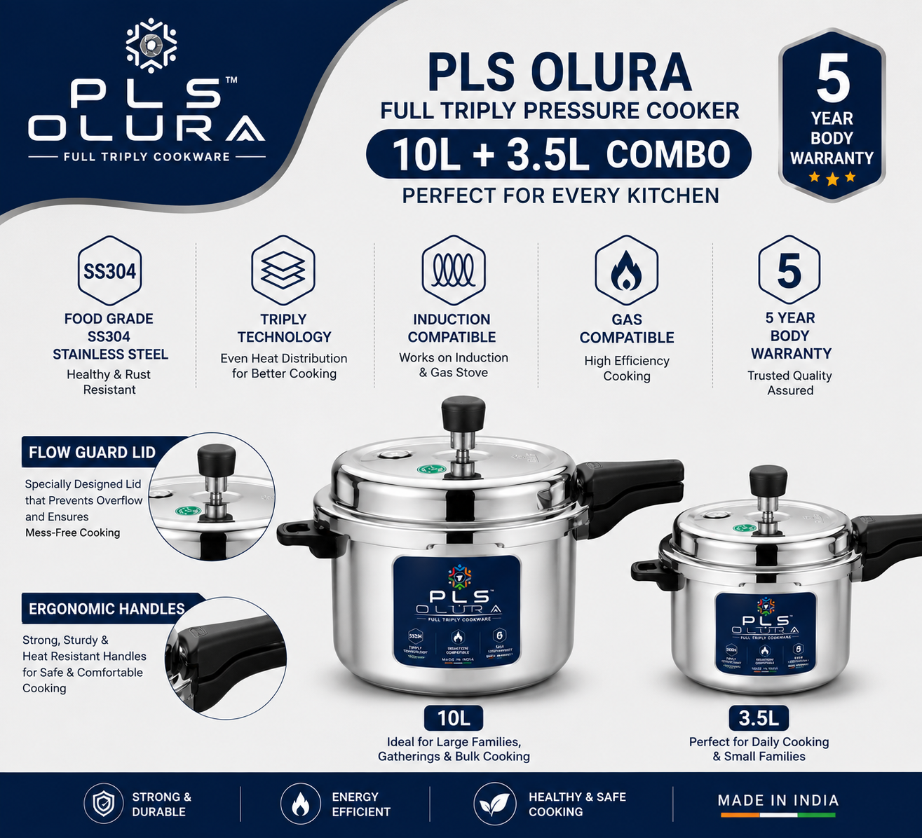 PLS OLURA 10L and 3.5L full triply pressure cooker features