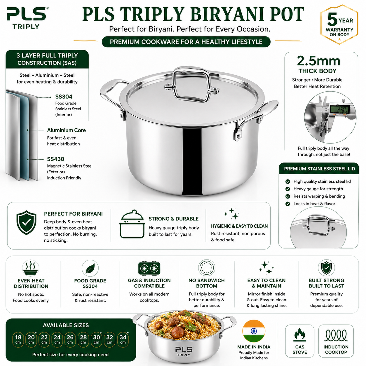 PLS Full Triply Biriyani Pot infographic showing SAS (Steel Aluminium Steel) construction, 2.5 mm full triply body, premium stainless steel lid, ergonomic stay cool handles, SS304 food grade stainless steel, gas and induction compatibility, and available sizes from 18 cm to 34 cm.