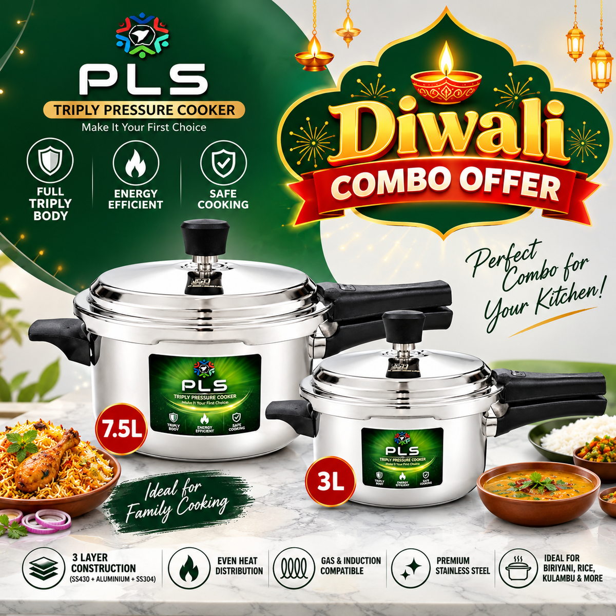PLS Triply Cooker Diwali Combo – 7.5L + 3L | 10L + 5L