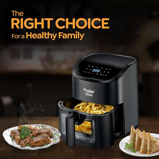 Prestige Crysta Digital Air Fryer 4.5 L showcases healthy cooking options with an elegant design and user-friendly features.