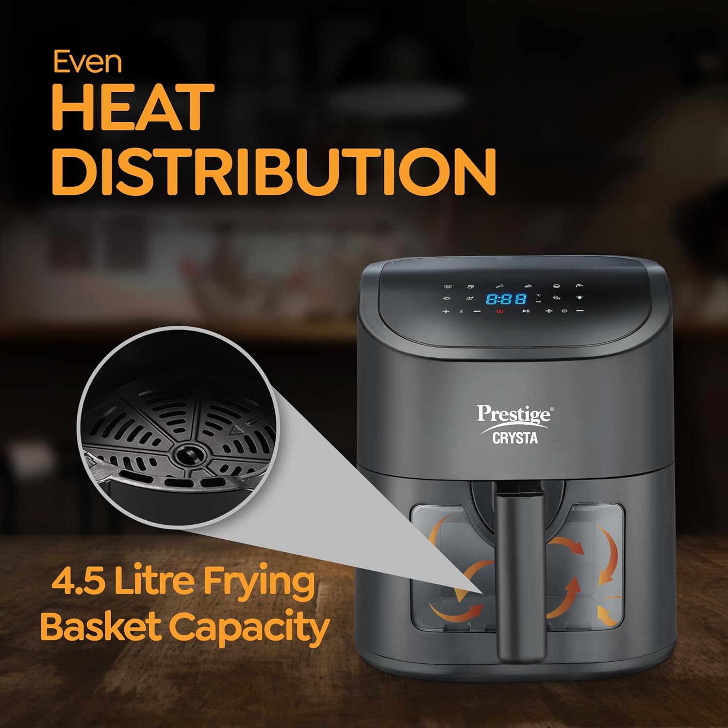 Discover the Prestige Crysta Digital Air Fryer 4.5 L with even heat distribution for perfect cooking results.