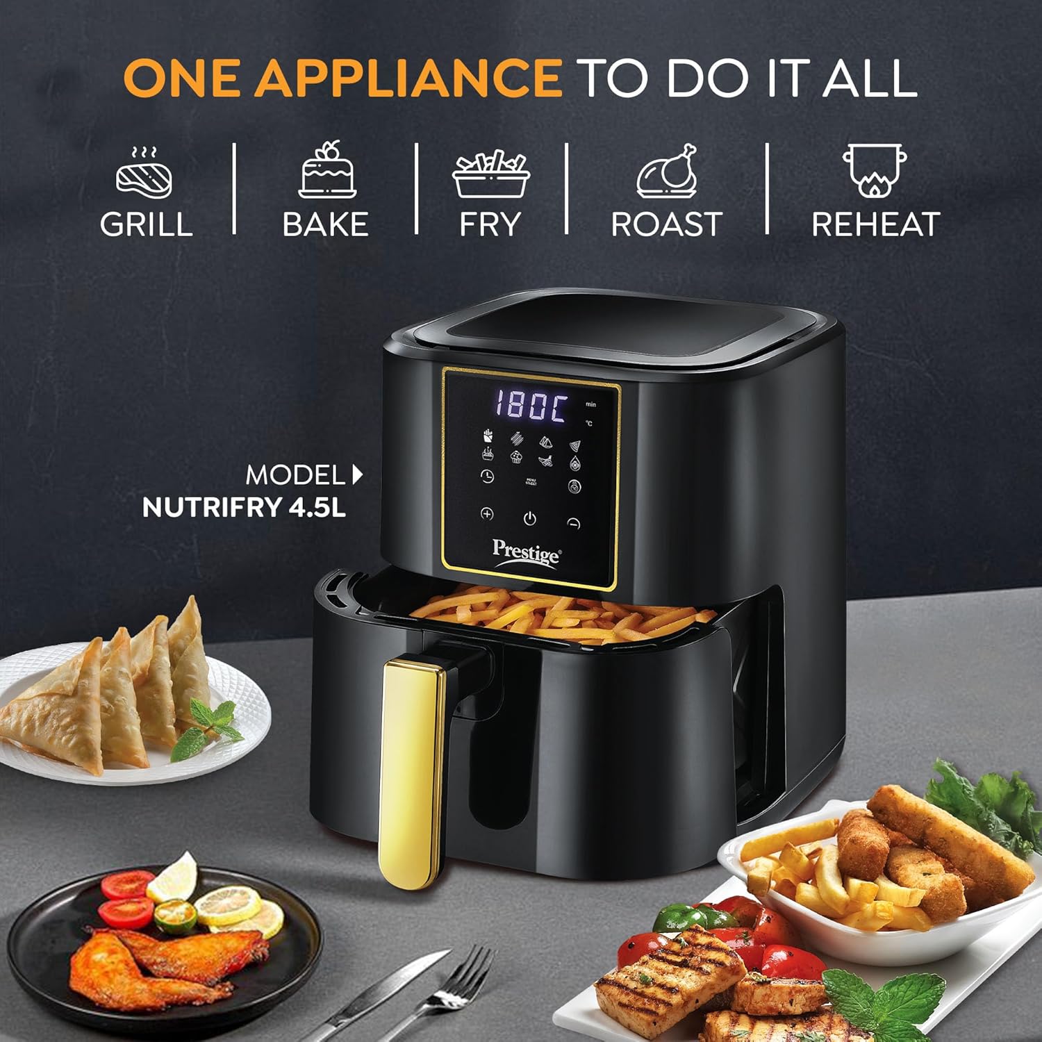 Prestige Nutri Fry Digital Air Fryer offers healthier cooking with 80% less oil and versatile presets for all your meals.