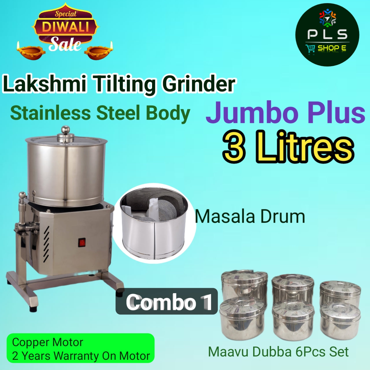 Lakshmi Tilting Wet Grinder Jumbo Plus 3 Litres, Stainless Steel Body Diwali Combo