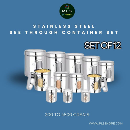 PLS Heavy See Through Stainless Steel Containers Set  For Kitchen I SS Containers With Lid I 200gms to 5Kgs I Set Of 12