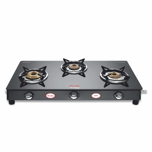 Preethi Blu Flame Sparkle Glass top 3 Burner Gas Stove, Manual Ignition, Black