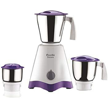 Preethi Crown Mixer Grinder 500 Watts with three stainless steel jars for efficient blending and grinding.