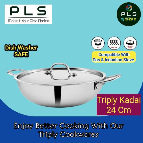 PLS Triply Kadai With Induction Base ensures even cooking and is compatible with all stove types for perfect meals.